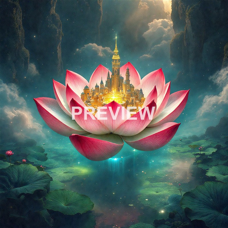 A fantastical scene featuring a large pink lotus flower floating on a pond with green lily pads, with a glowing cityscape and a tall spire emerging from its center, set against a mystical sky with clouds and stars.
